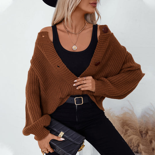 Damen gemütliche Strickjacke mit großen Knöpfen und lässigem Schnitt EB