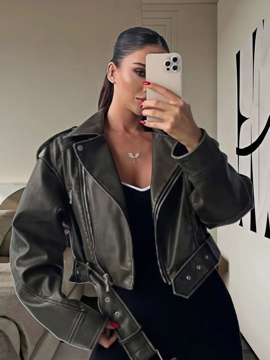 Damen cropped Kunstlederjacke mit asymmetrischem Reißverschluss und weichem Innenfutter EB
