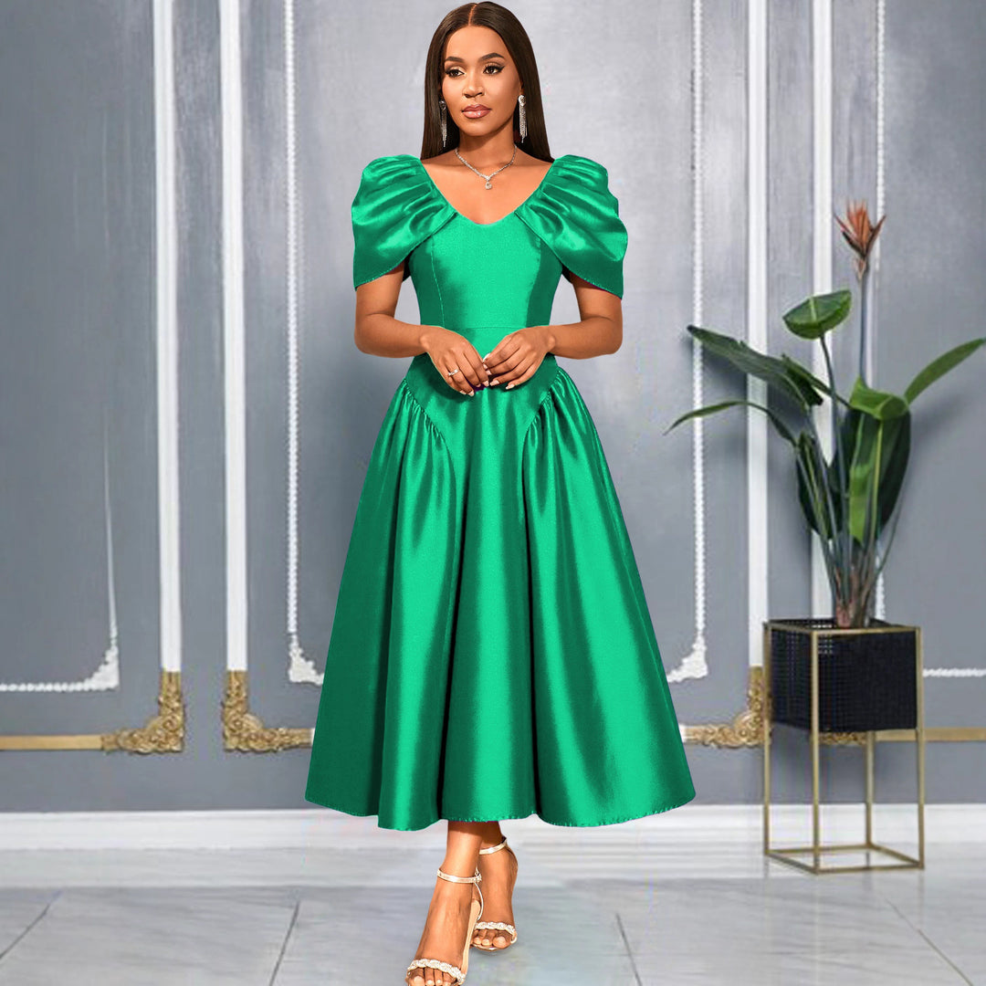 Damen Elegantes Satin Abendkleid mit voluminösen Puffärmeln EB