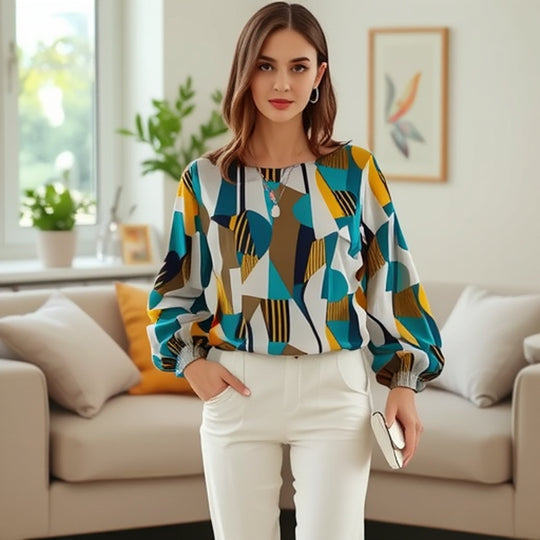Damen Modische Bluse mit geometrischem Design EB