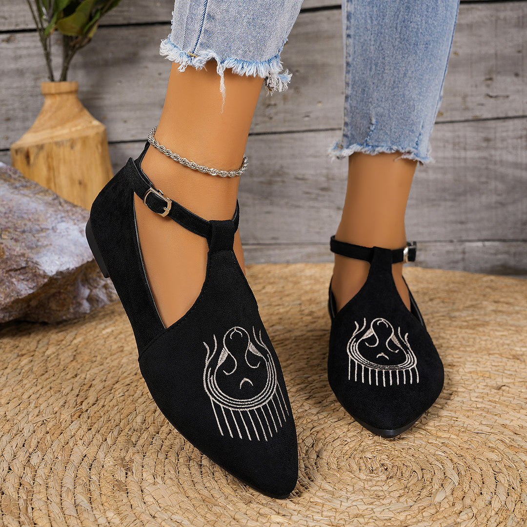 Damen Flache Slingback-Pantoletten mit eleganter Schnallen-Applikation und kunstvollen Stickereien EB