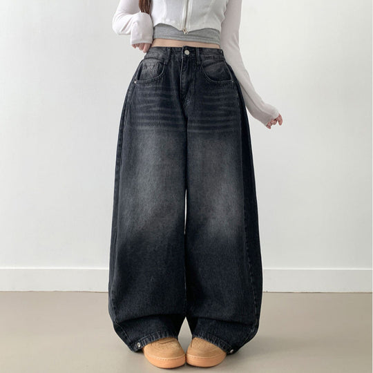 Damen Weite High-Waist Denim-Hose mit Faltenwurf EB