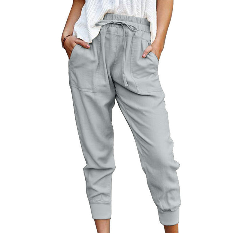 Damen nan lässige tapered Leinenhose mit elastischem Bund und Bündchen EB