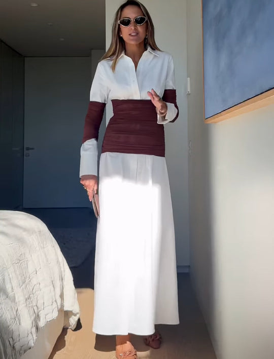 Damen Maxikleid mit innovativem Wickeldesign und modernen Kontrastdetails EB