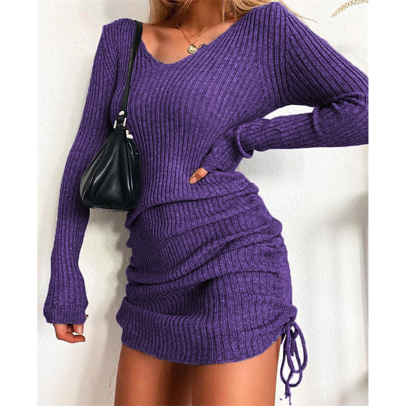 Damen Strick Mini-Kleid mit Raffung und V-Ausschnitt EB