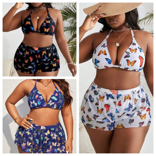 Damen Bikiniset mit modischen Shorts und buntem Schmetterlingsdesign EB