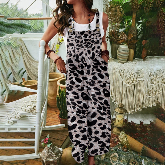 Damen lässiger Jumpsuit mit Tiermuster und praktischen Taschen EB