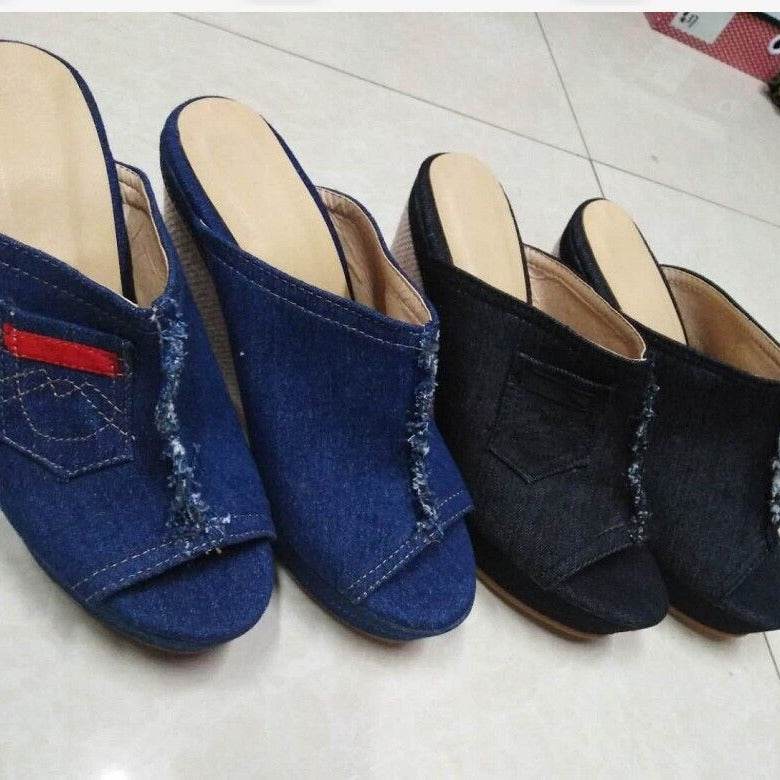 Damen Wedge-Pantoletten mit stylischem Jeans-Design EB