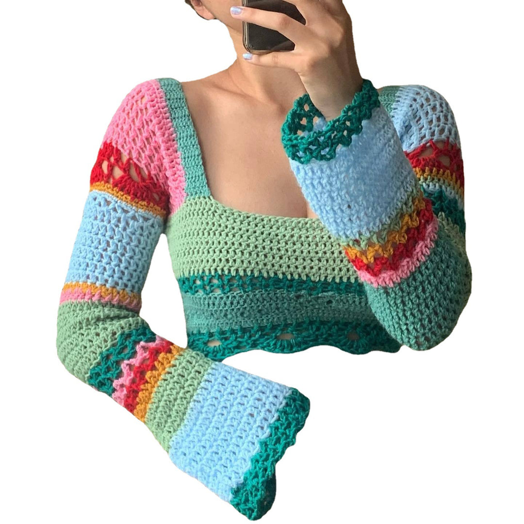 Damen gehäkeltes Crop-Top mit langen Ärmeln und ausgefallenem Saum EB