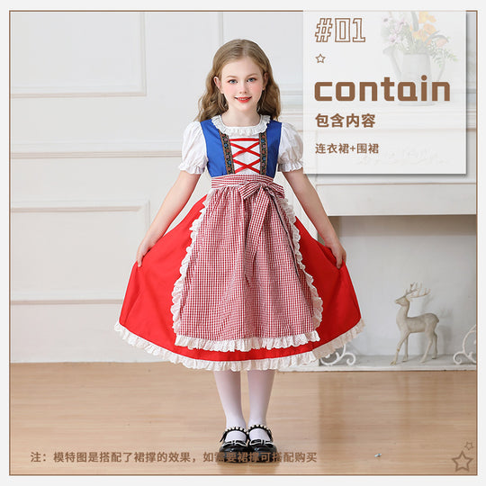 Damen nan traditionelles Kinder-Dirndl Kleid mit geraffter Schürze und Spitzenbesatz EB