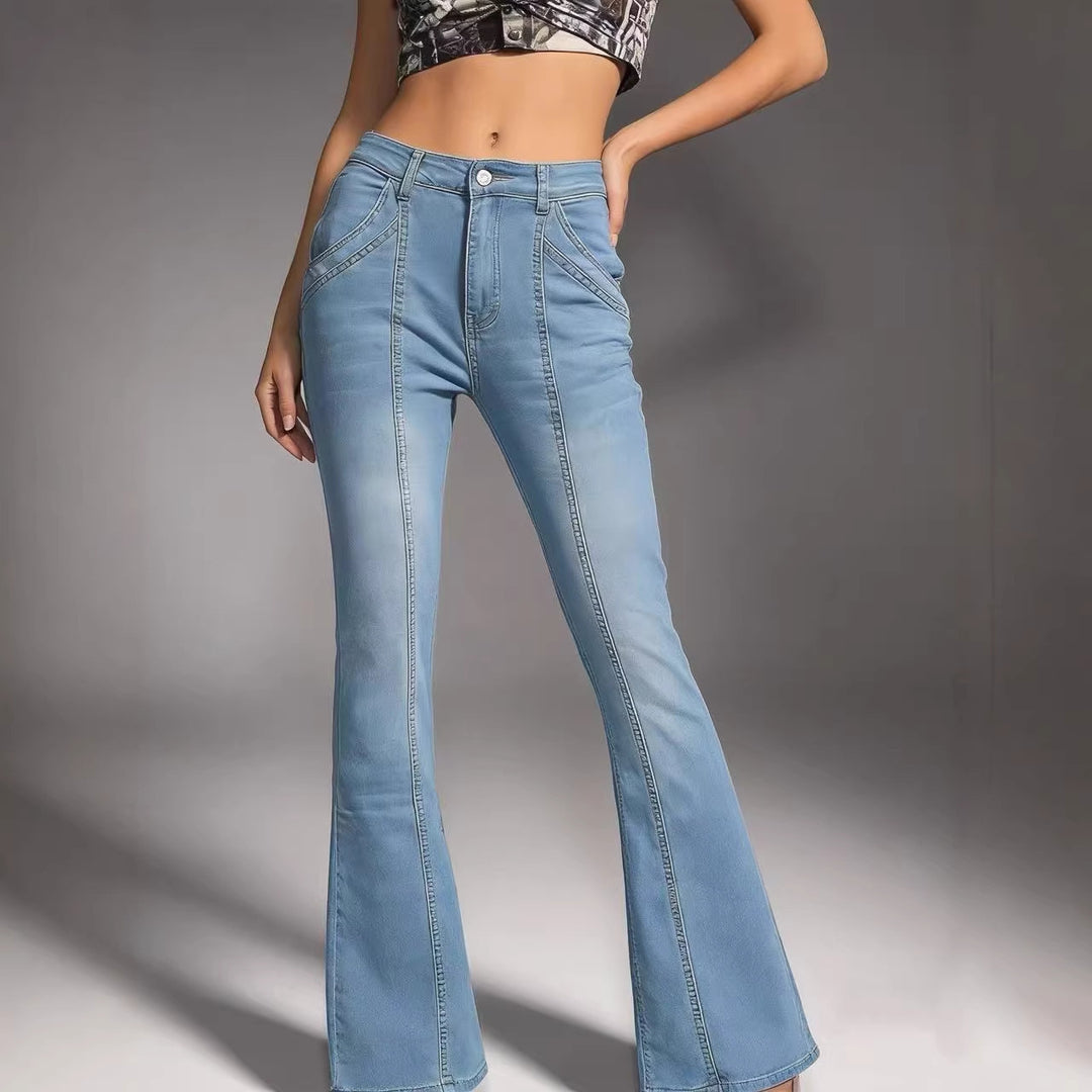 Damen nan hochgeschnittene taillierte Flared-Jeans mit mittiger Nahtführung und figurformender Hüftpartie EB