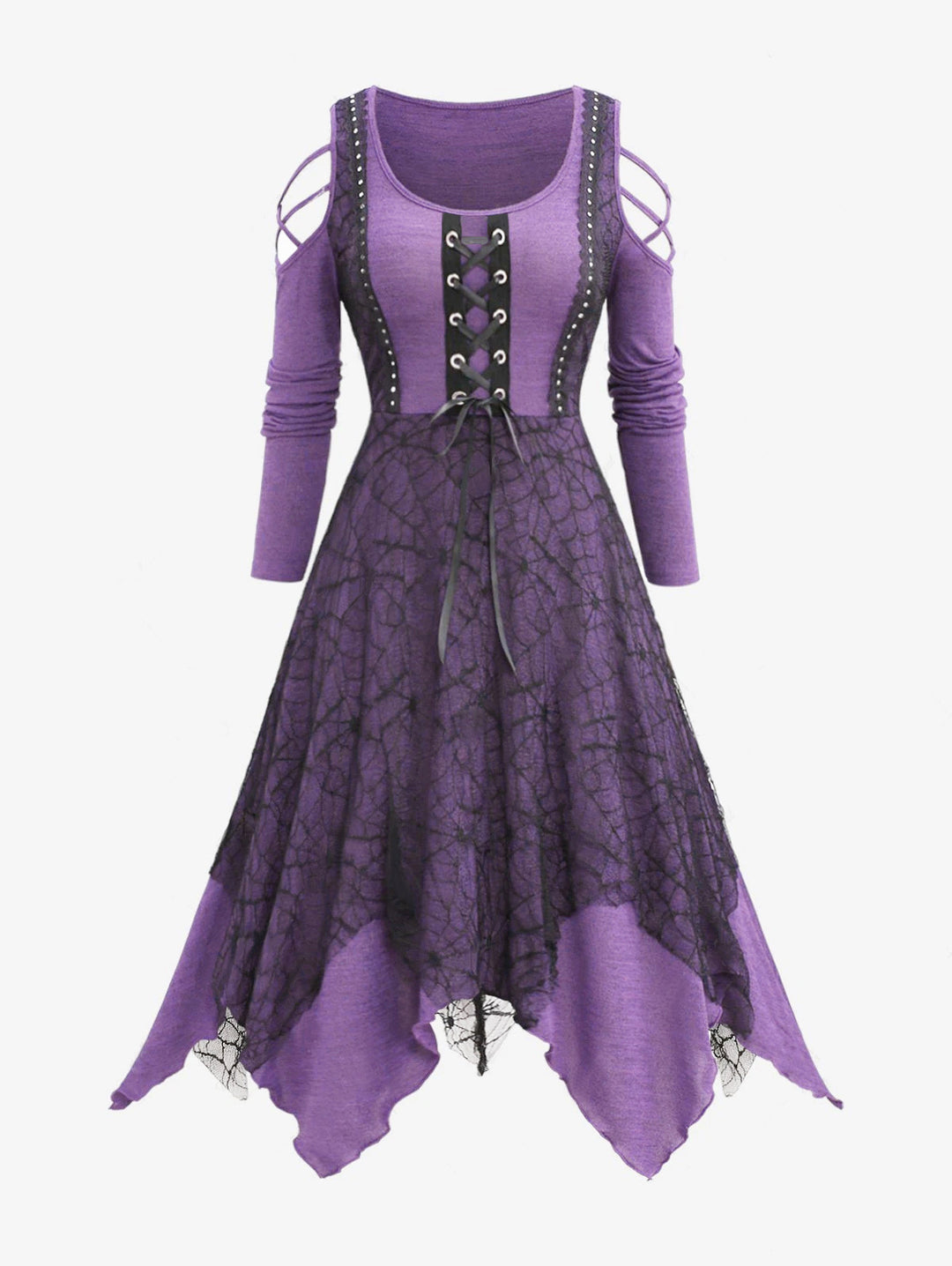 Damen Gothic Maxikleid mit Spitzenbesatz und Schnürung EB