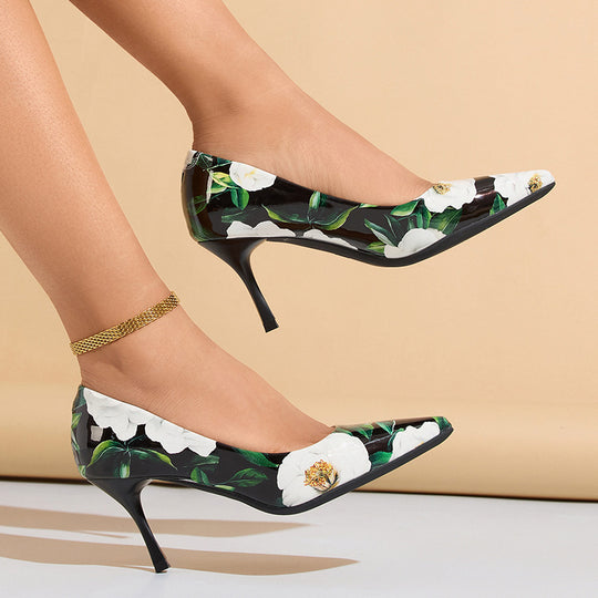 Damen elegante spitze Pumps mit floralem Design und zierlichem Absatz EB