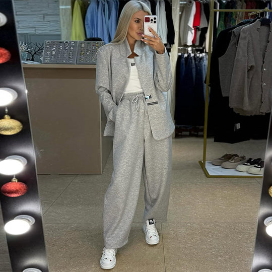 Damen lässige Sweater-Blazer-Kombination mit weit geschnittenen Hosen EB
