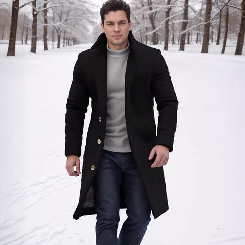 Herren eleganter Wollmantel mit schmalem Schnitt und goldenen Knöpfen EB
