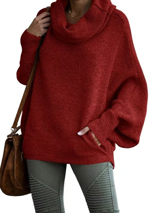 Damen lässiger Strickpullover mit weichem Stehkragen und weit geschnittenen Ärmeln EB