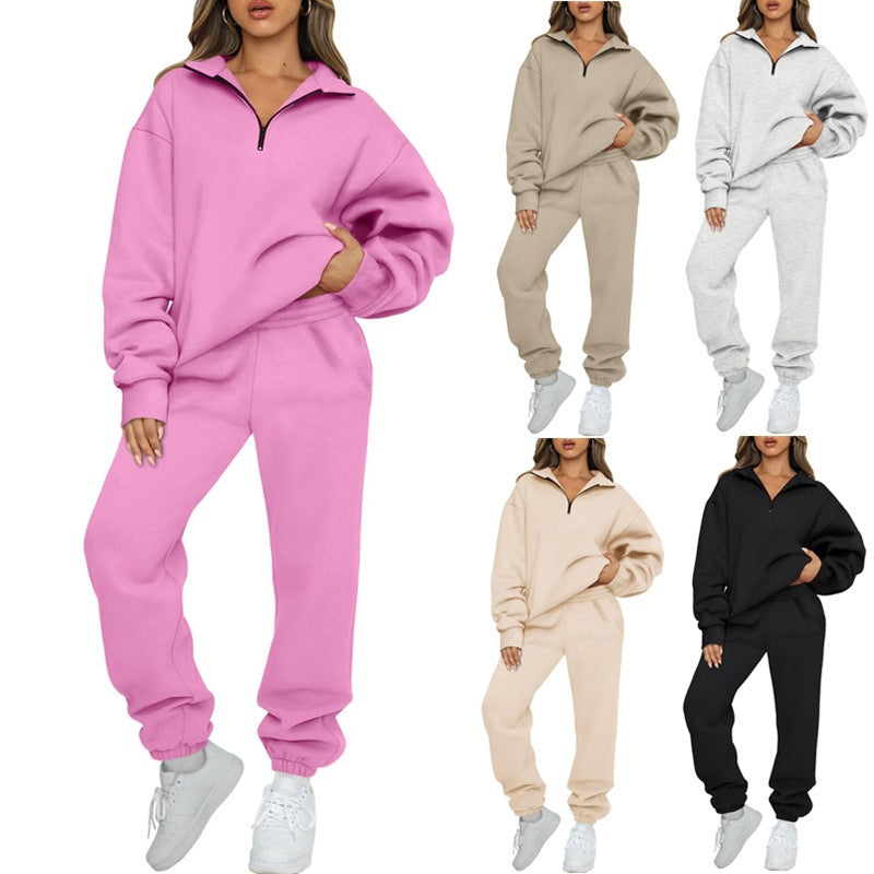 Damen nan Halbzip-Loungewear-Set mit übergroßem Kragenpullover und taillierter Jogginghose mit elastischem Bund EB