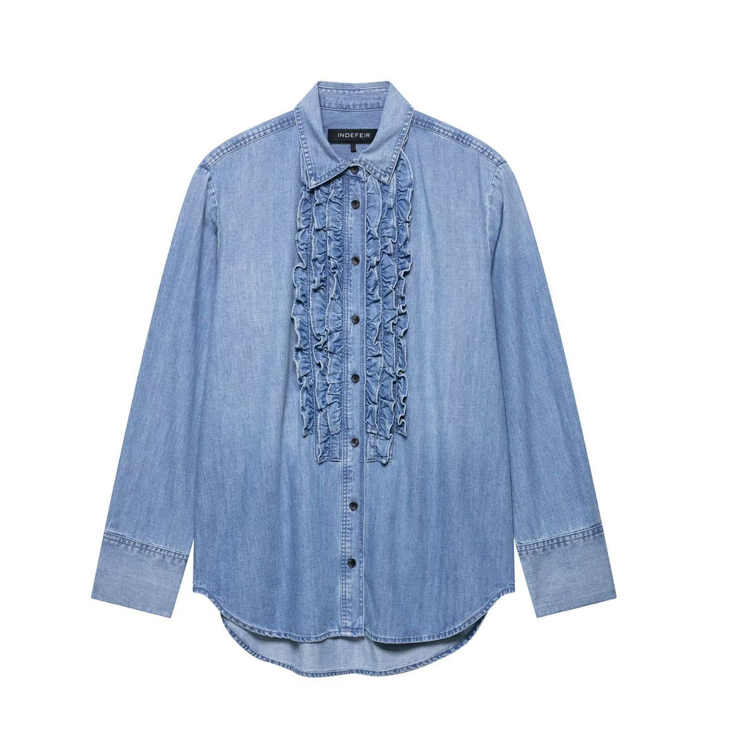 Damen nan Chambray-Bluse mit Rüschenknopfleiste, Hemdkragen und verlängertem Saum EB