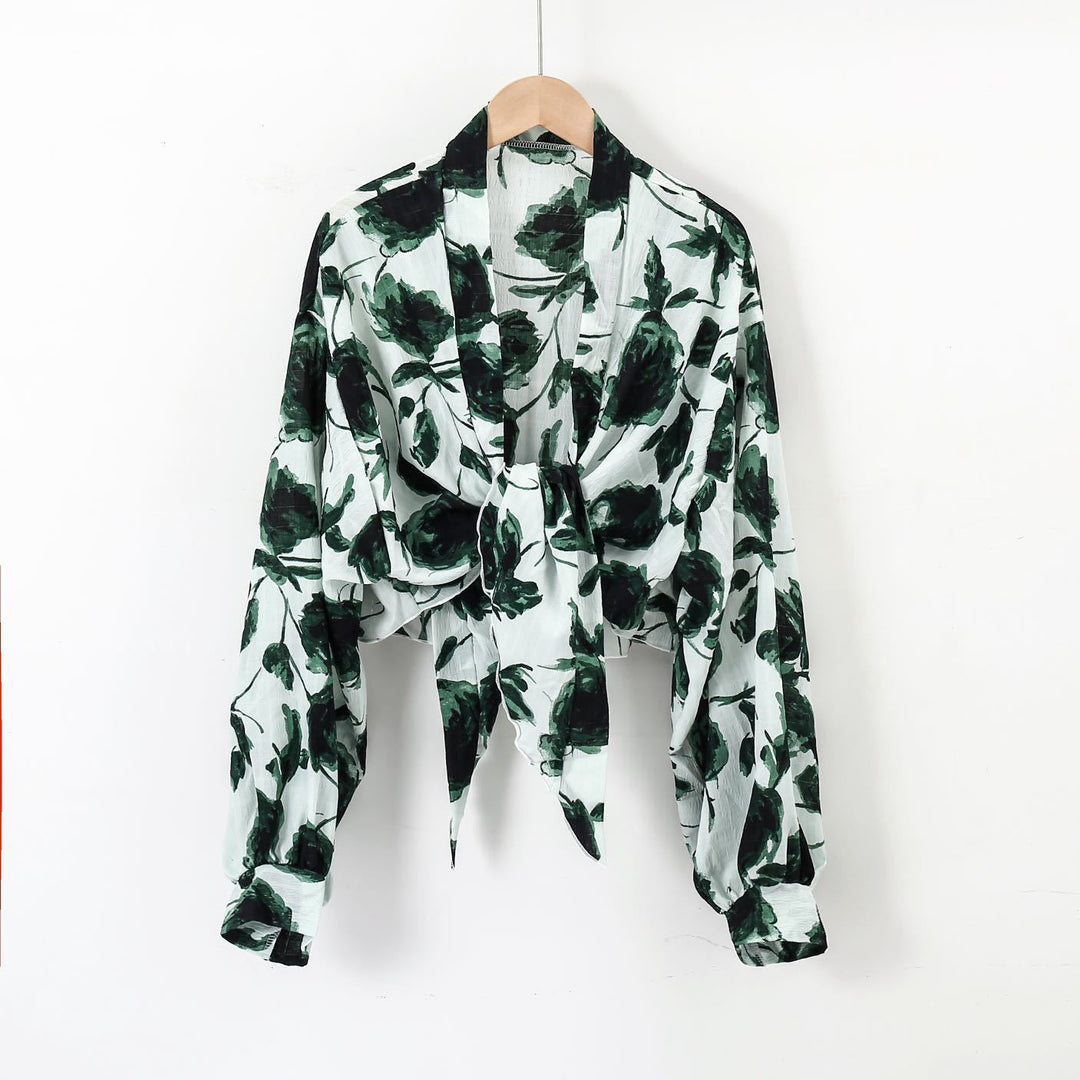 Damen nan florale Knoten-Bluse im Wickelstil mit Ballonärmeln und leichter Leinenoptik EB