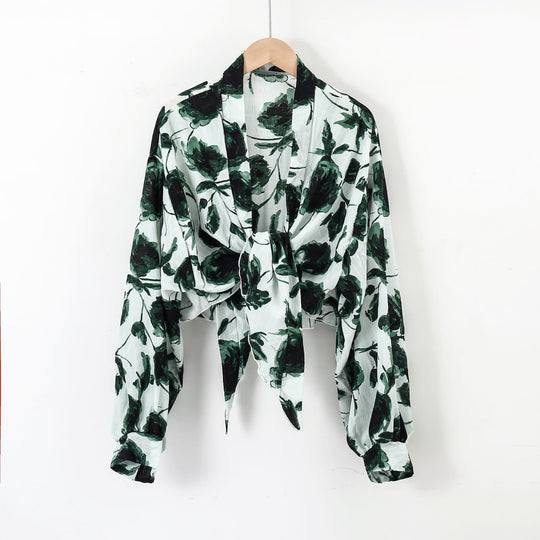 Damen nan florale Knoten-Bluse im Wickelstil mit Ballonärmeln und leichter Leinenoptik EB