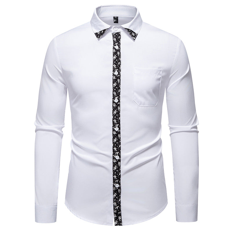 Herren elegantes Langarmhemd mit floralem Kragen und Brusttasche EB
