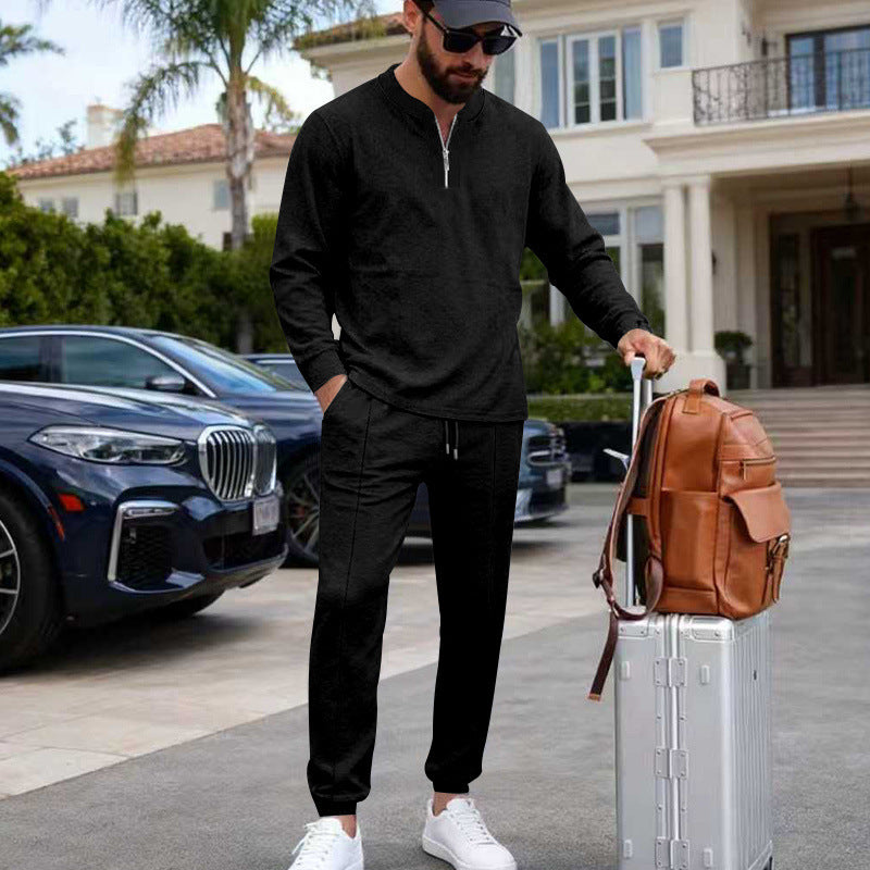 Herren Leichtes Henley-Loungewear-Set mit Kontrastkragen, Tunnelzug-Jogger und elastischen Bündchen EB