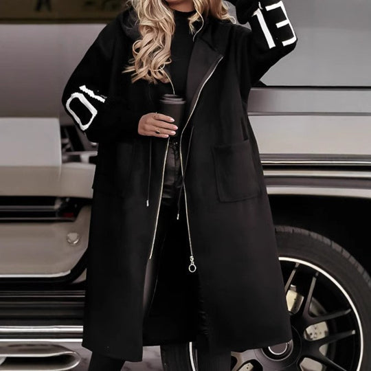 Damen Oversized Kapuzenmantel mit seitlichen Taschen und Reißverschluss EB