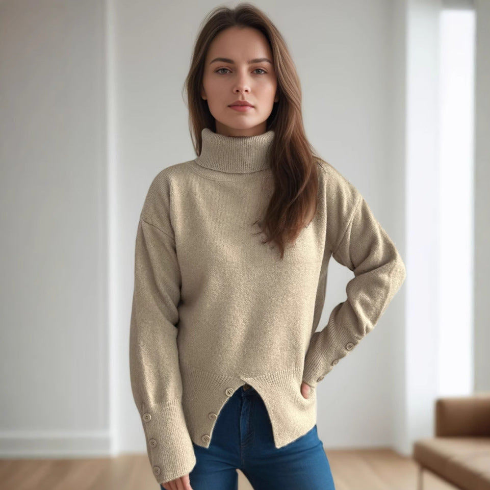 Damen modischer Rollkragenpullover mit Knopfdetails und asymmetrischem Saum EB