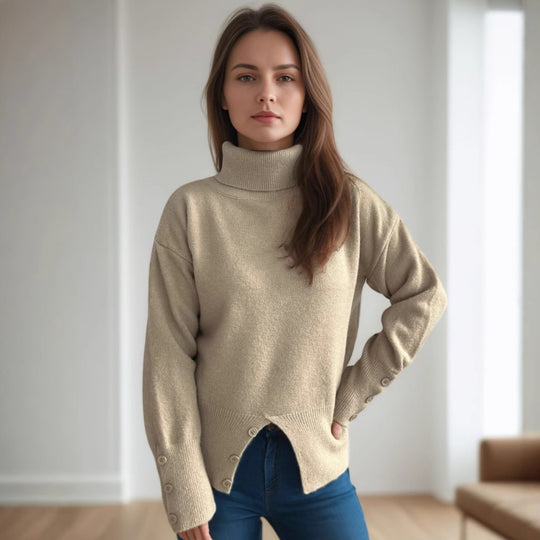 Damen modischer Rollkragenpullover mit Knopfdetails und asymmetrischem Saum EB