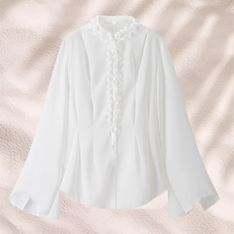 Damen elegante Bluse mit Rüschenkragen und weiten Ärmeln EB