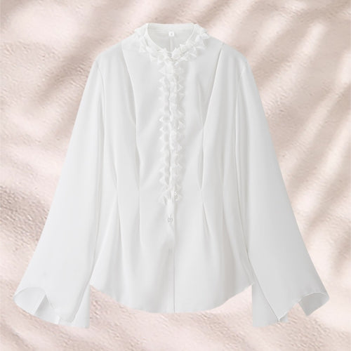 Damen elegante Bluse mit Rüschenkragen und weiten Ärmeln EB