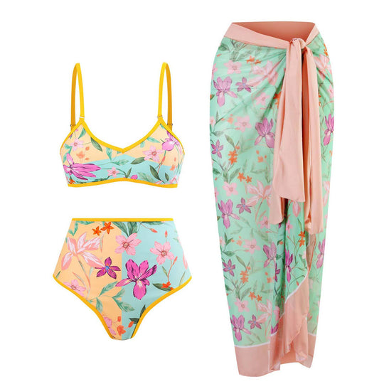 Damen Hochgeschnittener Bikini mit floralem Muster und kontrastierendem Detail EB