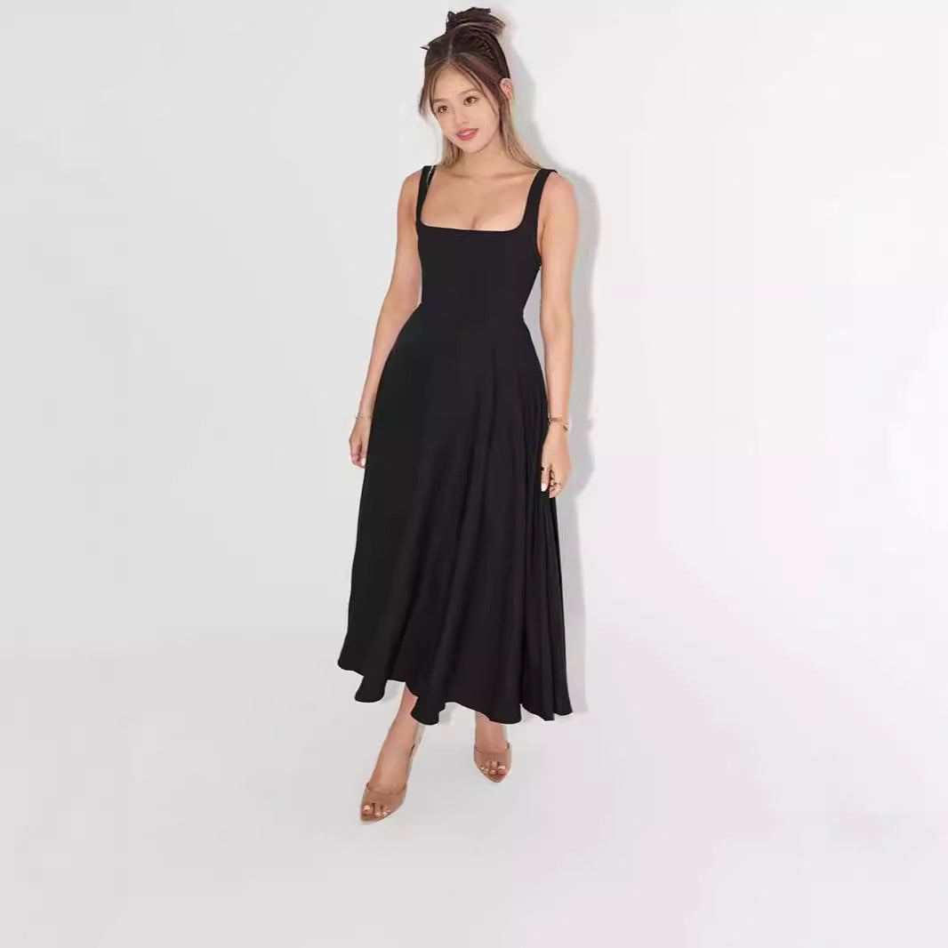 Damen A-Linien Maxikleid mit quadratischem Ausschnitt und fließendem Stoff EB