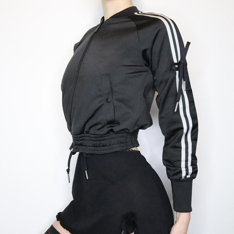Damen nan sportive Zip-Jacke im Bomberstil mit seitlichen Streifen, Ärmel-Bindebändern und Kordelbund EB