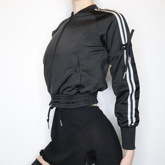 Damen nan sportive Zip-Jacke im Bomberstil mit seitlichen Streifen, Ärmel-Bindebändern und Kordelbund EB