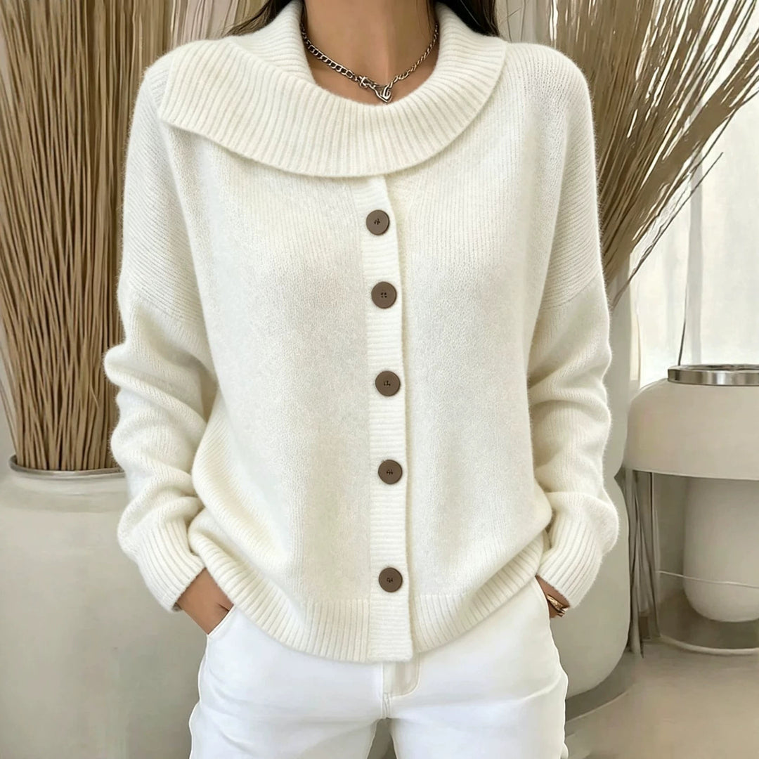 Damen Kuscheliger Knopf-Cardigan mit breitem Rollkragen und gerippten Bündchen EB
