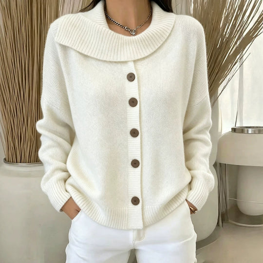 Damen Kuscheliger Knopf-Cardigan mit breitem Rollkragen und gerippten Bündchen EB