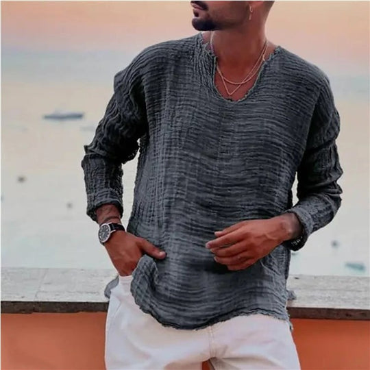 Herren lässiges V-Neck Leinenhemd EB