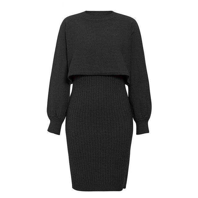 Damen Strickkleid mit kontrastierendem Oberteil und geripptem Rock EB