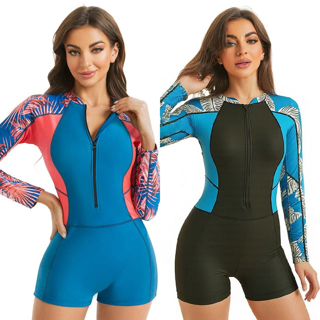 Damen Rashguard Anzug mit Hohem Kragen und Farbblock-Design EB