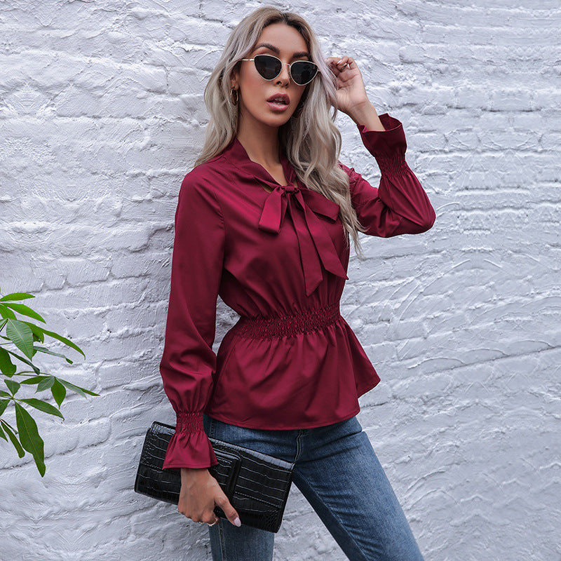 Damen elegante Bluse mit Schleifen-Ausschnitt und elastischem Bund EB