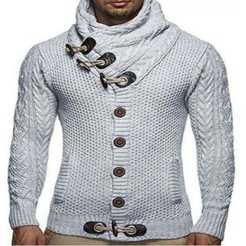 Herren gestrickter Cardigan mit hohem Kragen und modernen Holzknebel EB
