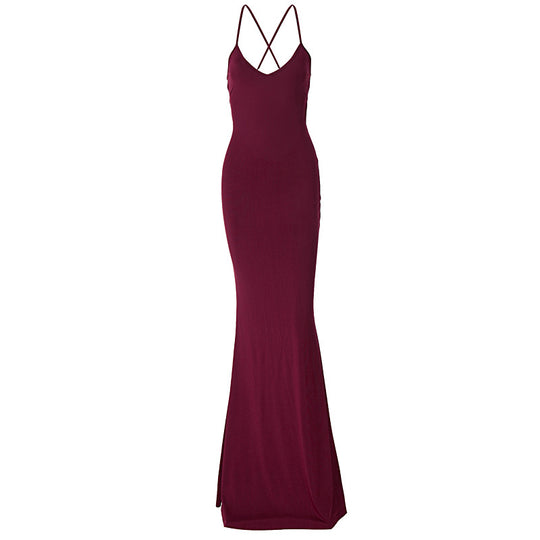 Damen Elegantes Satin-Maxikleid mit verführerischem V-Ausschnitt EB