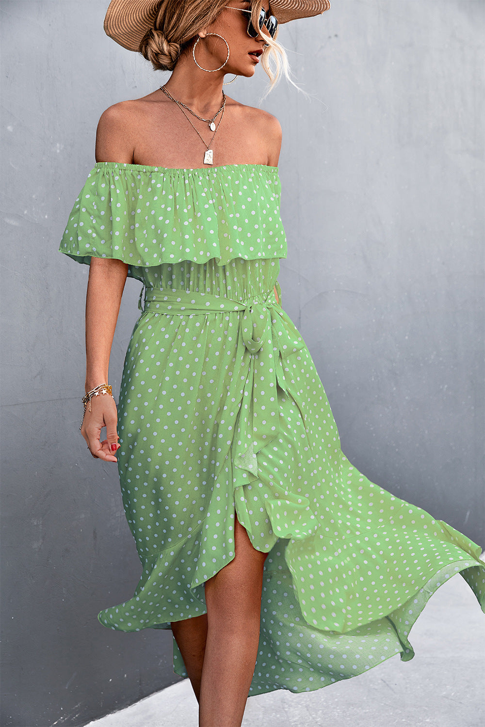 Damen Off-Shoulder Maxikleid mit Rüschendetails und seitlichem Schlitz EB