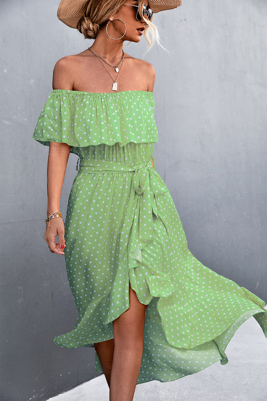 Damen Off-Shoulder Maxikleid mit Rüschendetails und seitlichem Schlitz EB
