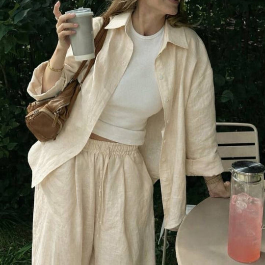 Damen nan luftiges Leinen-Loungeset mit Oversize-Hemd und weiter Bundhose mit Gummizug EB