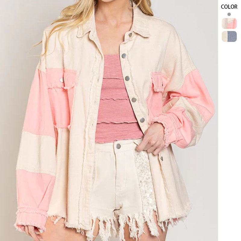 Damen Oversized Denim Jacke mit einzigartigen Farbblöcken und fransigen Details EB