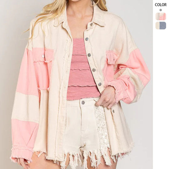Damen Oversized Denim Jacke mit einzigartigen Farbblöcken und fransigen Details EB
