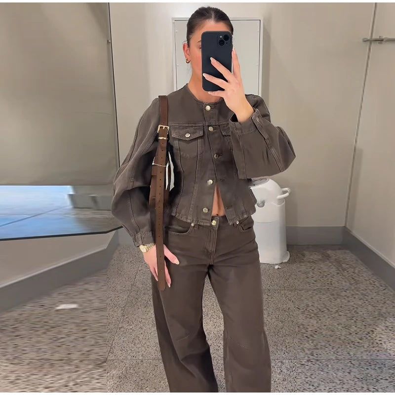 Damen Modische Jeansjacke mit Puffärmeln und dekorativen Knöpfen EB