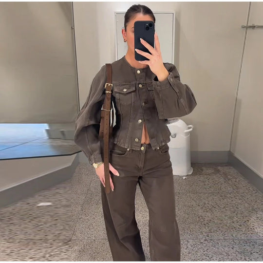 Damen Modische Jeansjacke mit Puffärmeln und dekorativen Knöpfen EB